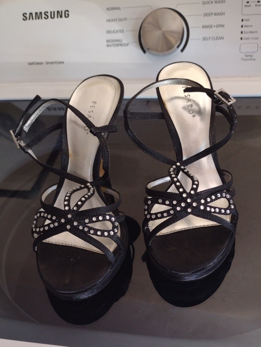 Pesaro Black Strappy Rhinestone Heeled Sandals Size 6